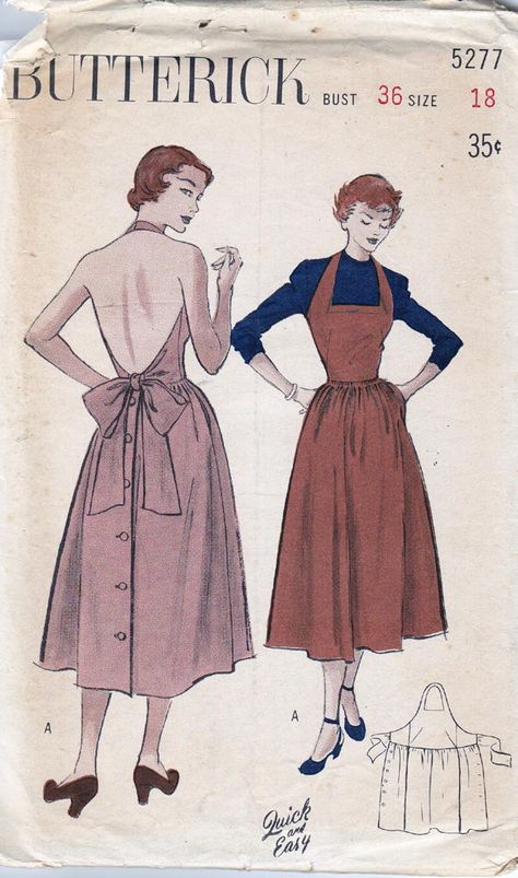 Butterick 5277 circa 1950 at-home or sun dress Bare Back Dress, Áo Blu, House Wear, Pretty Apron, Patron Vintage, Mode Retro, Easy Dress, Vintage Dress Patterns, Retro Mode