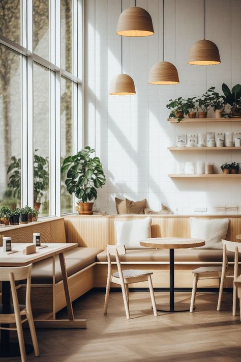cafe interior design ideas Scandinavian Interior Cafe Coffee Shop, Sofa For Coffee Shop, Coffee Shop Minimalist Interior, White And Wood Cafe Interior, Cozy Modern Coffee Shop, Cozy Cafe Lighting, Comfortable Cafe Seating, Minimalist Coffee Corner, Light And Airy Coffee Shop