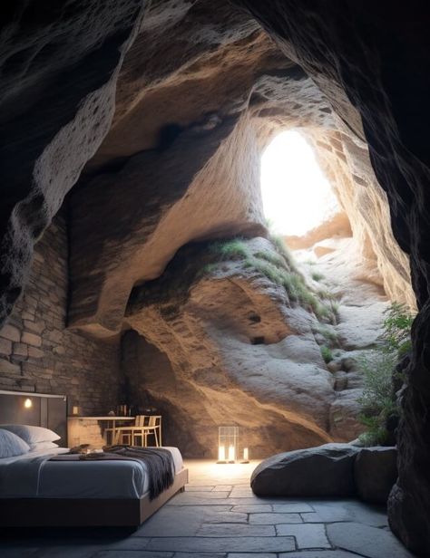 House Carved Into Mountain, Cave Like Architecture, Cave Bedroom Aesthetic, Cave Home Aesthetic, Mountain Cave House, Cave House Aesthetic, Cave Like Interior, Cave House Underground Homes, Cave House Interior