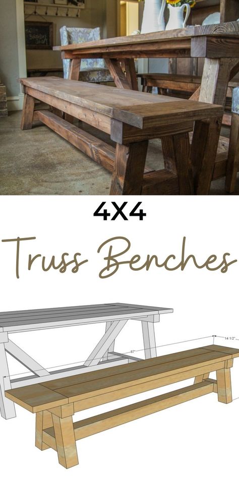 Dining Table Bench Diy, Diy Bar Stools With Back, Diy Dining Bench, Dining Bench Diy, Truss Table, Beam Bench, Farmhouse Bench Diy, Diy Dining Room Table, Kitchen Table Bench