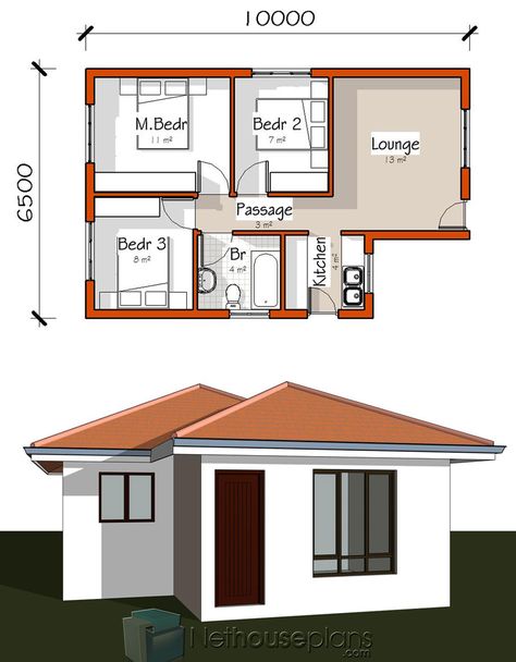 Model House Plan 3 Bedroom, Tiny 4 Bedroom House, 3bedrooms House Plans, Small 3 Room House Plan, Simple 3bedroom House Plans, House Design 3 Bedrooms With Plans, 3 Bedroom Plan House, Three Rooms House Plan, Simple Building Plans House