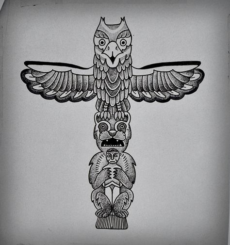 Totem Tattoo Totem Pole Drawing, Totem Pole Tattoo, Pole Tattoo, Totem Pole Art, Indian Tattoo Design, Indian Feather Tattoos, Black Line Tattoo, Tiki Tattoo, Penguin Tattoo