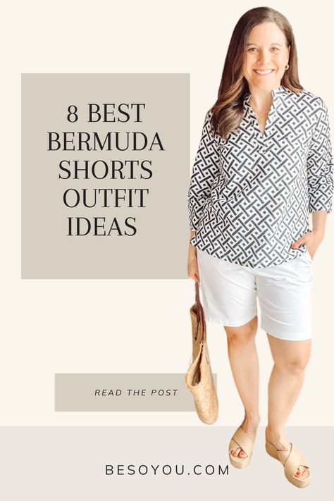 Learn the one styling tip to keep in mind when putting together Bermuda shorts outfits. See what shoes to wear with them and 8 cute outfits. White Denim Bermuda Shorts Outfit, Gray Bermuda Shorts Outfit, Long Shorts Women Outfits, Styling Knee Length Shorts, How To Style Bermuda Shorts Summer, Shorts To Work Outfit, What To Wear To A Barbecue, How To Style Shorts For Women, How To Dress Up Shorts