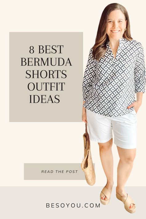 Learn the one styling tip to keep in mind when putting together Bermuda shorts outfits. See what shoes to wear with them and 8 cute outfits. Styling Knee Length Shorts, White Bermuda Shorts Outfit Summer, How To Style Bermuda Shorts Summer, Womens Bermuda Shorts Outfits, Styling Bermuda Shorts, What To Wear With White Shorts, Plus Size Bermuda Shorts Outfit, Bermuda Denim Shorts Outfit, Bermuda Shorts Outfit Plus Size