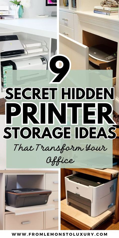 9+ Secret Hidden Printer Storage Ideas That Transform Your Office - From Lemons To Luxury Small Space Printer Storage, Printer Station Small Spaces, Creative Printer Storage, Home Printer Storage, Cabinet To Hide Printer, Small Office Printer Storage, Filing Cabinet Storage Ideas, Hidden Printer Cabinet, Home Office Hidden Printer