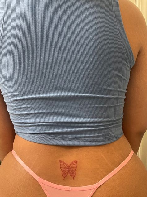 Tattoo On Lower Back For Women, Women’s Tramp Stamp Tattoos, Dainty Lower Back Tattoos For Women, Lower Back Tattoo Women Butterfly, Red Butterfly Tattoo Lower Back, Tramp Stamp Ideas Classy, Tattoo Ideas Butterfly Back, Tramp Stamp Red Ink, Red Butterfly Tramp Stamp