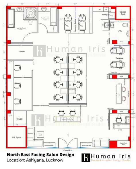 Check out the Salon detailed layout plan and sectional elevation design. The total approx. area of salon is 1750 Sqft. Salon Layout Ideas Floor Plans, Small Salon Designs Layout, Salon Floor Plan, Lobby Plan, Small Salon Designs, Salon Layout, Sectional Elevation, University Interior, University Interior Design