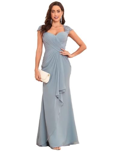 Mermaid Mother of The Bride Dresses for Wedding Cap Sleeves Chiffon Ruffle Long Formal Evening Gowns Modern Mother Of The Bride Dresses, Wedding Cap, Graduation Guest Outfit, Mermaid Mother, Debutante Ball, Mother Of The Bride Dresses Long, Formal Evening Gowns, Pencil Skirt Outfits, Blue Dress Formal