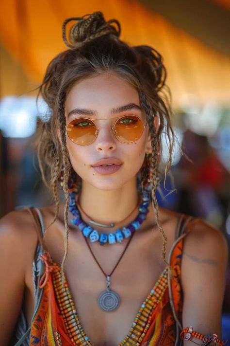 Young woman with orange-tinted round sunglasses and braided hair, wearing a colorful tribal necklace and a patterned top. Boho Chic Hairstyles Short, Boho Hair Extensions, Bohemian Braided Hairstyles, Cochella Hair Hairstyles, Lightning In A Bottle Festival Outfit, Coachella Fashion Bohemian, Coachella Hair Ideas, Colorful Festival Outfit, Look Festival Coachella