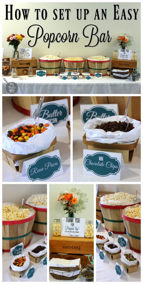 How to Set up a popcorn bar!! Conference Snacks Ideas, Easy Popcorn Bar, Popcorn Bar Toppings, Diy Popcorn Bar, Wedding Popcorn Bar, Party Food Bars, Easy Popcorn, Senior Party, Diy Popcorn