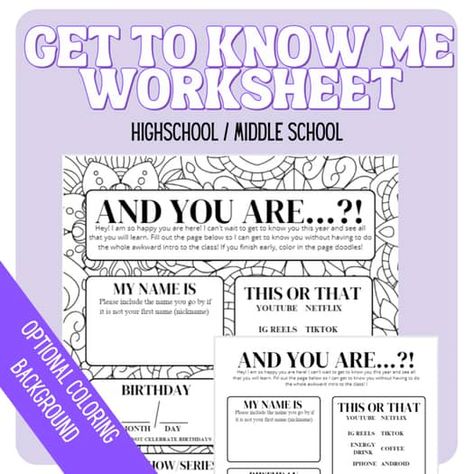 2023 HIGH SCHOOL GET TO KNOW ME ACTIVITY | BACK TO SCHOOL ALL ABOUT ME TEMPLATE All About Me Template, High School First Day, Student Questionnaire, School All About Me, Me Template, First Week Activities, About Me Template, Teacher Preparation, Back To School Activity