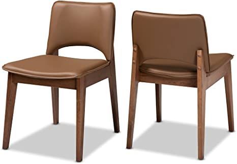 Baxton Studio Set of 2 188-11661-AMZ Dining Chairs, Brown/Walnut Brown Brown Dining Chairs, Walnut Dining Chairs, Faux Leather Dining Chairs, Mid Century Dining Chairs, Dine In, Baxton Studio, Wood Dining Chairs, Upholstered Side Chair, Leather Dining Chairs