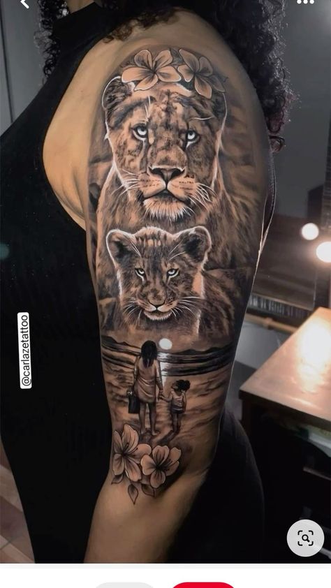 Tatoos Woman Chest, Chest Tattoo Female Small, Upper Chest Tattoo Female, Lion Tattoos For Men, Lioness And Cub Tattoo, Tattoo Lions, Cub Tattoo, Chest Tattoo Drawings, Arm Sleeve Tattoos For Women