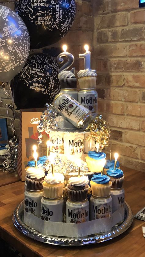 Cake Made Out Of Beer Cans, Micalobe Ultra Beer Cake, Beer Decorations Party, Beer Cake For Men, Beer Cake Ideas For Men, Ideas Cumpleaños Hombre, Beer Cake Ideas, Mens 21st Birthday Ideas, Man Birthday Decorations