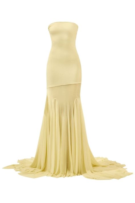 DAHLIA BUTTER YELLOW TUBE GOWN - CULT MIA The Gayle Gown, Miu Miu Gown, Tube Gown, Draped Silk Dress, Knitwear Outfit, Shoulder Cape, Yellow Gown, Yellow Dresses, Exquisite Gowns