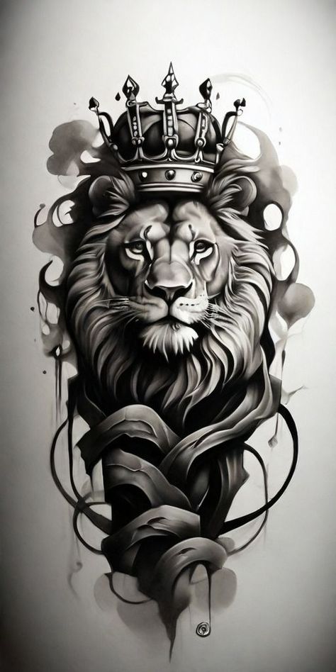 Crown Lion Tattoo, Lion Crown Tattoo Design, Realistic Lion Tattoo Design, Neo Traditional Lion Tattoo, Lion With Crown Tattoo Design, Leones Tattoo, Black And Grey Tattoo Design, Lion With Crown Tattoo, Lion Tattoo With Crown