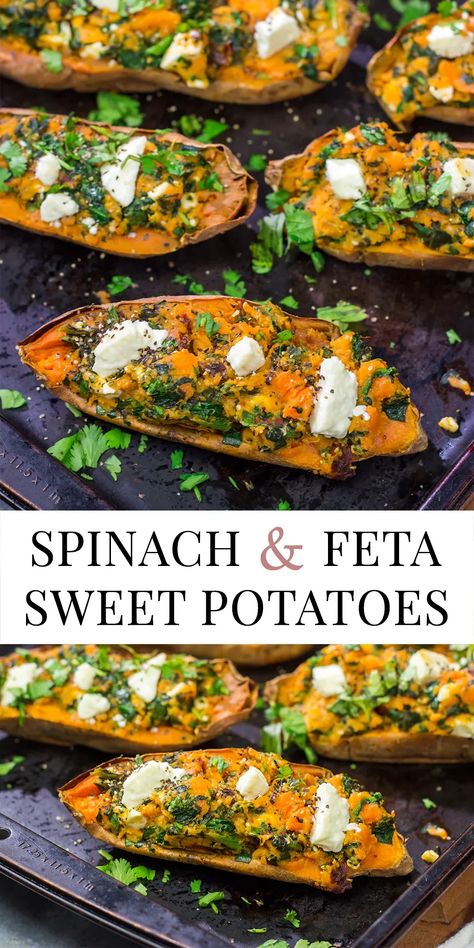 These Spinach and Feta Stuffed Sweet Potatoes are flavorful and easy. They're a great side dish when you want to mix things up a bit! Sweet Potato Feta, Sweet Potato Pie Southern, Stuffed Sweet Potatoes, Sweet Potato Spinach, Feta Recipes, Vegetable Side Dishes Recipes, Favorite Recipes Dinner, Winter Comfort Food, Cooking Chicken To Shred