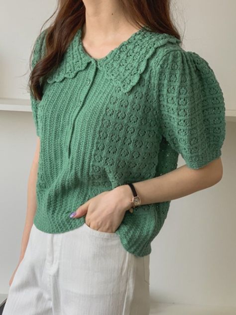 Green Casual Collar Short Sleeve Fabric Plain  Embellished Medium Stretch  Women Knitwear Manche, Chunky Knitwear, Knit Tops, Textured Knit, Knitting Inspiration, Kids Beachwear, Knitwear Women, Green Fashion, Fashion Online Shop