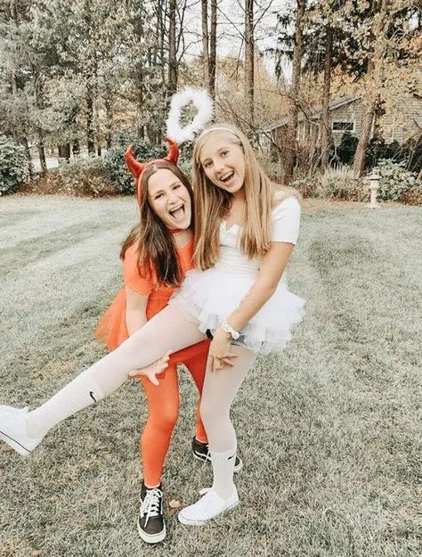 Cute Duos For Halloween, 2 Bestie Costumes, Cute Halloween Costumes For 2 People, Cute Matching Costumes For Best Friends, Doubles Costumes, Matching Best Friend Costumes, Cute Two Person Halloween Costumes, Devil And Angel Costumes Best Friends, Two Girls Halloween Costumes