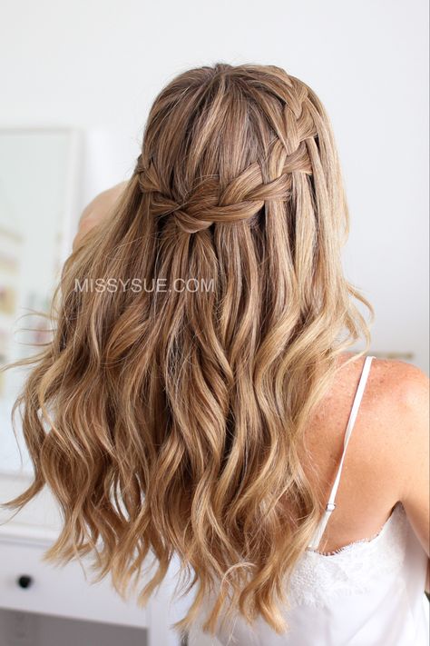 Waterfall braid. Half updo. Half up. Braided hair. Hairstyles. Curled Waterfall Braid, Loose Waterfall Braid, Blonde Waterfall Braid, Waterfall Braid Curly Hair Wedding, Half Up Braided Hairstyles Wedding Tutorial, Hairstyles For Prom With Braids, Simple Curled Hair With Braid, Curls Hairstyles With Braids, Wedding Hair Down With Curls And Braid