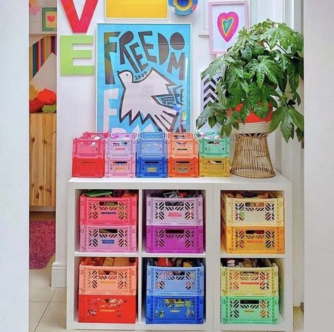 Eclectic Storage Ideas, Kids Play Storage, Funky Craft Room, Lego Station Ideas, Aykasa Crates, Cool Storage Ideas, Colourful Storage, Collection Storage, Colorful Storage