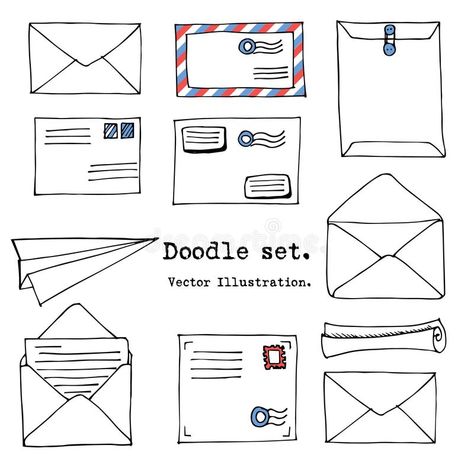 Hand drawn mail, post, letter, envelope, paper plane cartoon Set. Vector illustration. Doodle decorative elements. Mail and post i. Con in sketch style stock illustration Paper Letters Design, How To Draw Envelope, Envelope Doodles Hand Drawn, How To Draw An Envelope, Mail Letter Design, Mailing Envelope Design, Mail Tattoo Letter, Open Envelope Drawing, Mail Letter Tattoo