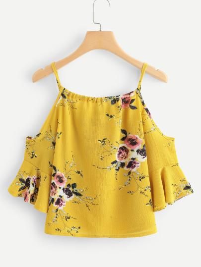 Random Botanical Print Chiffon Top -SheIn(Sheinside) Couture, Chiffon Top Styles, Chiffon Blouses Designs, Off Shoulder Outfits, Printed Chiffon Tops, Fashion Garments, Chiffon Top Designs, Casual Wear Women, Top Shein