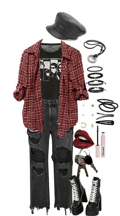 Cozy Fall Outfits Aesthetic Grunge, Stile Grunge Outfit, Grunge Red Outfit, Emo Fall Outfits, Red Grunge Aesthetic Outfits, Concert Outfit Grunge, Grunge Inspired Outfits, Grunge Things, Polyvore Outfits Aesthetic