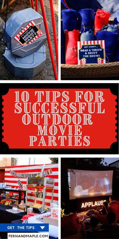 Outdoor movies are always a fun and exciting way to connect with friends, family, and neighbors, or to celebrate any special occasion. I have 10 Tips for Setting up Successful Outdoor Movie Parties for you (plus a bunch of bonus tips!) Get them all now at www.fernandmaple.com. Outdoor Movie Night Decoration Ideas, Outdoor Movie Concession Stand Ideas, Outdoor Movie Decor, Winter Outdoor Movie Night Party Ideas, Neighborhood Movie Night Ideas, Bonfire Movie Party Ideas, Outdoor Christmas Movie Party, Outdoor Movie Night Fundraiser, Backyard Movie Night Food Ideas