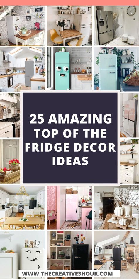 Elevate Your Kitchen Aesthetic: Top of the Fridge Decor Ideas for Every Season - Explore these creative and budget-friendly top of the fridge decor ideas for an Indian-inspired kitchen, farmhouse charm, and festive Christmas or fall themes. Transform that overlooked space into a stylish focal point! Ideas For Above The Fridge, Space Above Refrigerator Farmhouse, Decor Over Fridge, Cookbooks On Top Of Fridge, How To Decorate On Top Of Refrigerator, Ideas For Above Refrigerator, What To Put On Top Of Refrigerator Ideas, Above Fridge Storage Ideas Diy, Storage On Top Of Fridge