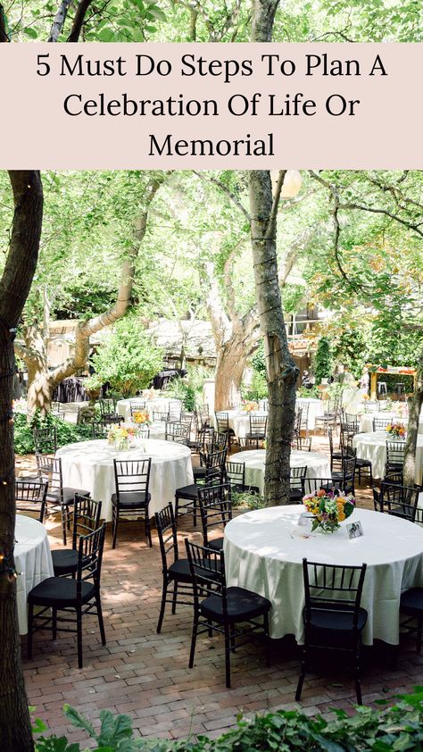 Tables with floral centerpieces and chairs set up for a celebration of life. Planning A Celebration Of Life, Backyard Celebration, When Someone Dies, Mom Party, Funeral Planning, Funeral Memorial, People Together, Life Plan, Memorial Service