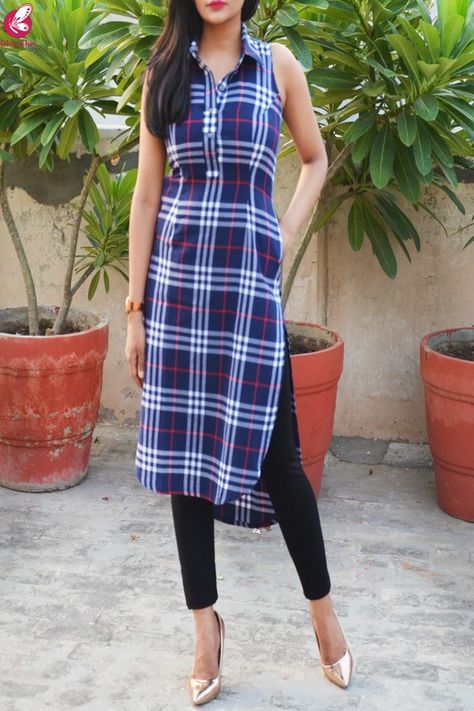 Stripped Kurti Designs Latest, Check Print Kurti Designs, Ruhi Singh, Clothing Fabric Patterns, Simple Formal Dress, Printed Kurti Designs, Diy Clothes Patterns, New Kurti Designs, Check Material