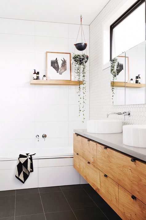 oversized white bathroom tiles Ikea Room Ideas, Minimal Bathrooms, Makeover Kamar Mandi, Honeycomb Tile, Ikea Bathroom, Bad Inspiration, Bathroom Goals, Trendy Bathroom, Wood Bathroom