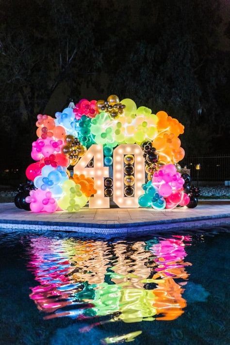 How to Throw an Adults Birthday Party - Lady Celebrations Lights For Birthday Party, Elegant 80s Party, Neon Lights Decoration, 90s Theme Balloon Garland, 80s Glam Party, 90s Theme Pool Party, Neon Party Outside, Glow Balloon Arch, 80s 90s Birthday Party Theme