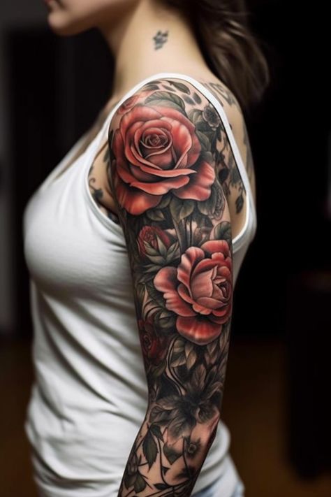 Sleeve tattoos with roses for women design ideas #5 Roses Tattoo Sleeve Women, Womens Rose Sleeve Tattoo, Upper Arm Tattoo Cover Up Ideas, Red Rose Sleeve Tattoo Women, Women Cover Up Tattoos Arm, Rose And Thorns Tattoo Sleeve, Family Tattoo Ideas For Women Sleeve, Upper Half Arm Sleeve Tattoo For Women, Arm Coverup Tattoos For Women