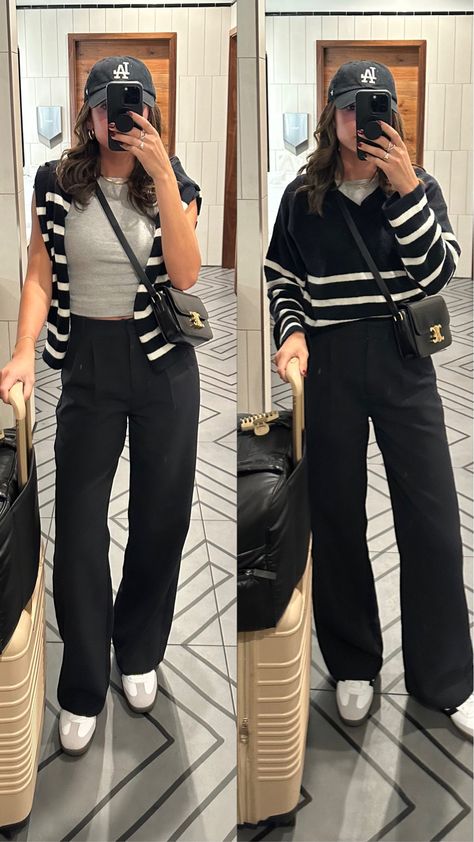 Nb 550s Outfits, Casual Work Outfits Trousers, Trouser Airport Outfit, Black Pants Outfit Women Casual, Winter Casual Brunch Outfit, Black Trouser Casual Outfit Women, Short Women Outfits Casual, Black Pants Women Outfits, Black Dress Pants Casual Outfit