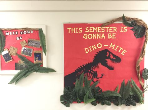 Jurassic Park Bulletin Board Jurassic Park School Theme, Jurassic Park Door Decoration, Jurassic Park Classroom Door, Jurassic Park Bulletin Board, Jurassic Park Classroom Theme, Jurassic Park Classroom, Dinosaur Bulletin Board Ideas, Resident Assistant Boards, Dinosaur Bulletin Boards