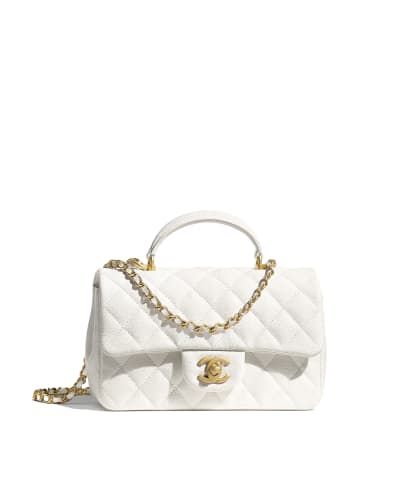 CHANEL - Mini Flap Bag with Top Handle Grained Calfskin & Gold-Tone Metal, White - AS2431B0560710601 - Handbags White Designer Handbags, White Chanel Bag, Chanel Mini Bag, Chanel Bag Outfit, Channel Bags, Chanel Mini Flap Bag, Moda Aesthetic, Chanel Top, Tas Chanel