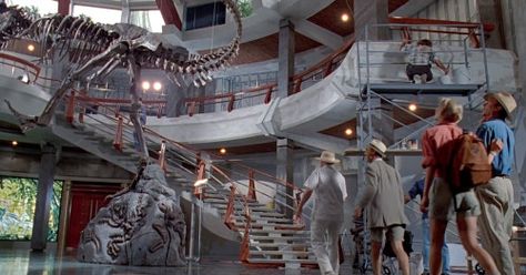 Park Architecture Design, Visitor Center Interior, Dinosaur Mural, Park Architecture, Visitors Center, Jurassic Park Movie, Jurassic Park 1993, Michael Crichton, Dome Of The Rock