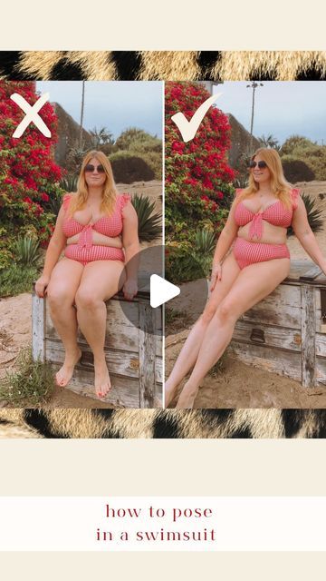 CHRISTINE BUZAN | Posing Tips Expert | Look Good In Photos on Instagram: "2 EASY HACKS FOR BETTER SWIMSUIT PHOTOS 👙 Feeling self conscious taking swimsuit photos? Try out these two easy hacks to instantly look and feel more confident.  HACK ONE 👉 Instead of sitting back, sit on the edge of your seat. This will lengthen your torso and your legs.  HACK TWO 👉 Instead of sitting on your rear, shift your weight to your sides as you sit. This will help you avoid foreshortening.  Found this helpful? Be sure to SAVE it for your next photoshoot and SHARE it with a friend! - Christine 💋  -  #swimsuitposes #plussizeposes #sittingposes #posesforwomen #posingtips  Swimsuit poses plus size. Swimsuit poses. Plus size swim poses. Swimsuit posing hack. Bikini poses. How to pose in a swimsuit. How to po Posing In A Swimsuit, Easy Poses Plus Size, Plus Size Swim Poses, Poses For Swimsuit Pictures, How To Pose In A Swimsuit Bikinis, Plus Size Swimsuit Poses Ideas, Plus Size Beach Pictures, Beach Looks Plus Size, Chubby Swimsuit Pose