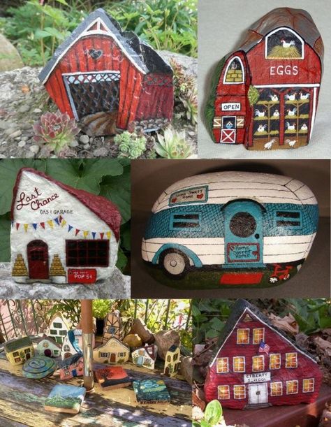 Painted Rock Fairy Garden Village | painted rocks - gnome homes ... Front Yard Rock Garden, Rock Houses, Painted Garden Rocks, Garden Landscaping Ideas, Art Coquillage, Rock Garden Plants, Fairy Village, Rock Garden Landscaping, Gnome House