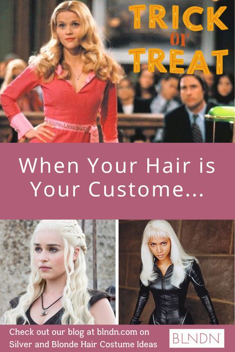 Use your best feature this Halloween; make your hair your costume! 4 HALLOWEEN COSTUME IDEAS FOR BLONDE AND SILVER HAIR Blonde Hair Costumes, Pink Leather Dress, Blonde And Silver Hair, Legally Blonde 3, Blonde Halloween Costume, Blonde Halloween Costumes, Couple Halloween Costumes For Adults, Pink Pencil Skirt, Unique Halloween Costumes