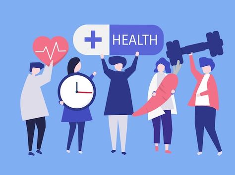 Charactes of people holding health icons... | Premium Vector #Freepik #vector #healthy #lifestyle #fitness-food #health Public Health Illustration, Public Health Aesthetic Wallpaper, Public Health Quotes, Health Belief Model, Community Health Nursing, Education Clipart, Netflix Hacks, Vision 2024, Health Brand