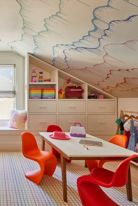 georgetown\, washington\, dc home designed by tina ramchandani creative playroom Scandinavian Playroom, Girly Playroom, Attic Playroom Ideas, Fun Playroom Ideas, Creative Playroom, Big Kids Playroom, Fun Playroom, Loft Playroom, Home Climbing Wall