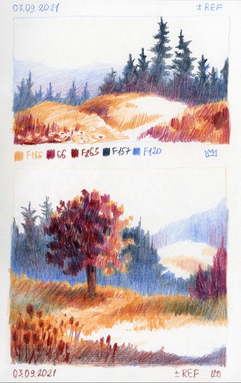 Colorful Pencil Sketches, Colored Pencil Fall Drawing, Fall Art Colored Pencil, Paint With Colored Pencils, Colored Sketches Pencil, Art Ideas Color Pencil, Sketchbook Landscape Drawings, How To Draw With Pencil Color, Colour Pencil Nature Drawing