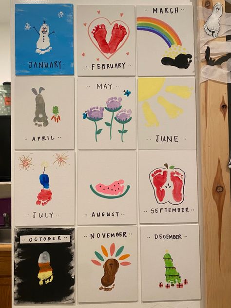 Newborn Arts And Crafts Diy, Infant Number Activities, Seasonal Handprint Art, Crafts For One Year Olds Simple, Hand And Footprint Calendar, Infant Painting Ideas Hand Prints, Arts And Crafts Infants, Footprint Crafts For Grandma, Infant Crafts For Grandparents