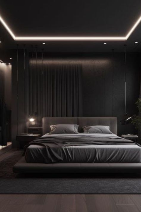 Timeless comfort in modern bedroom with luxury beddin Rustic Bed Design, Dark Modern Bedroom, Dark Gray Bedroom, New Bed Designs, Simple Bed Designs, Black Bedroom Design, Black Bedroom Decor, Minimalist Bed, Wooden Bed Design