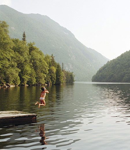 Keene Valley in the Adirondack Mountains Jumping Off Dock Aesthetic, Lake House Life Aesthetic, Creek Swimming Aesthetic, Vermont Lake House, Summer Lake House Aesthetic, Lake House Summer Aesthetic, Lake Dock Aesthetic, Lake House Aesthetic Summer, Summer Cabin Aesthetic