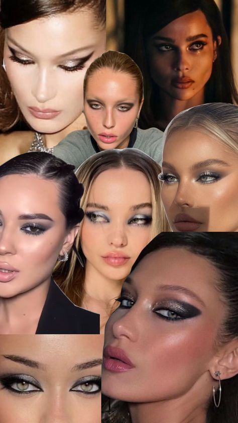 Black Eye Looks Make Up, Grey Black Eye Makeup, Platinum Makeup Looks, Silver Black Smokey Eye, Grey And Silver Eyeshadow, Silver White Eyeshadow, Silver Chrome Eyeshadow, Black Sparkle Eyeshadow, Black Silver Smokey Eye