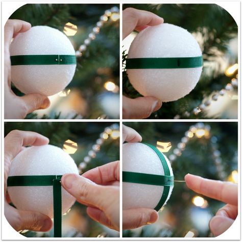 How To Wrap A Ball With Fabric, Fabric Foam Ball Ornaments, Satin Ornaments Diy, Foam Ball Ornaments Diy, Foam Ball Christmas Ornaments, No Sew Fabric Ornaments, No Sew Christmas Crafts, Ball Christmas Ornaments Diy, Styrofoam Ball Crafts Christmas